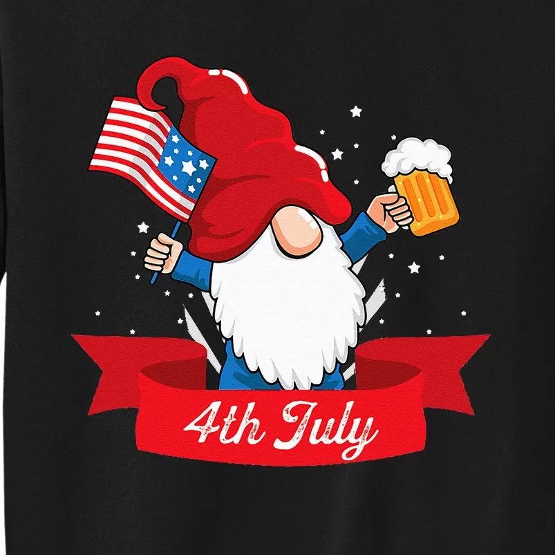 Cute 4th of July Gnome with Us Flag and Beer Patriotic Tall Sweatshirt