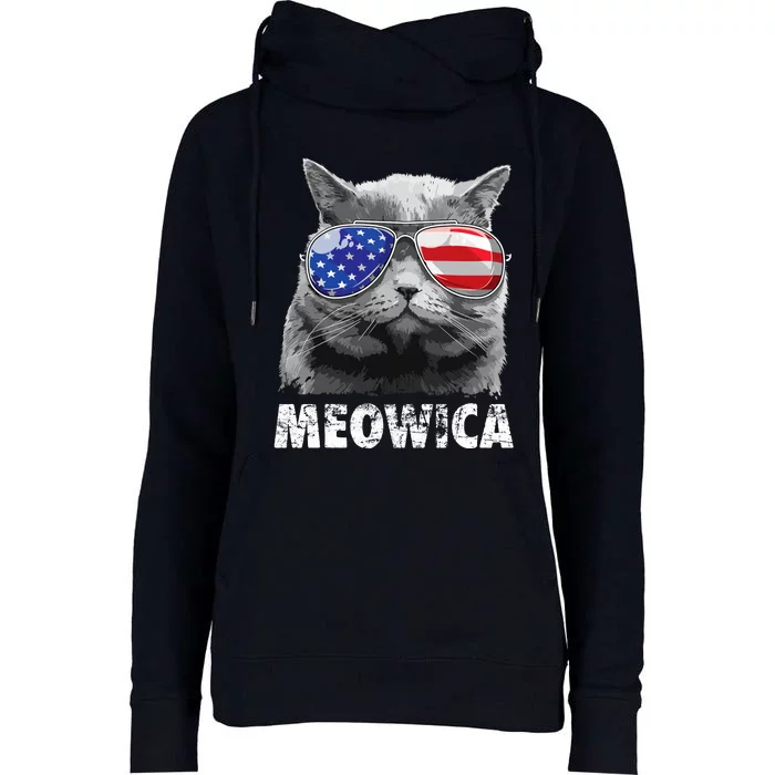 Cat 4th Of July Meowica Merica USA American Flag Womens Funnel Neck Pullover Hood