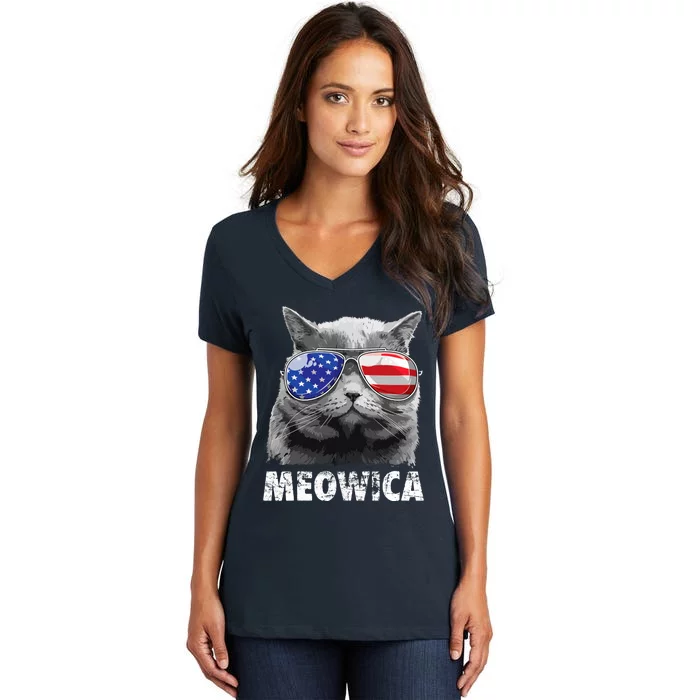 Cat 4th Of July Meowica Merica USA American Flag Women's V-Neck T-Shirt