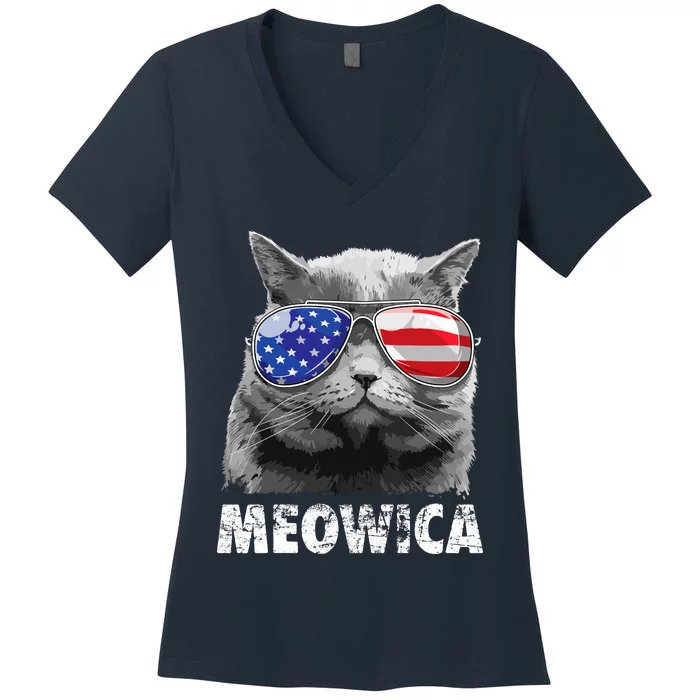 Cat 4th Of July Meowica Merica USA American Flag Women's V-Neck T-Shirt