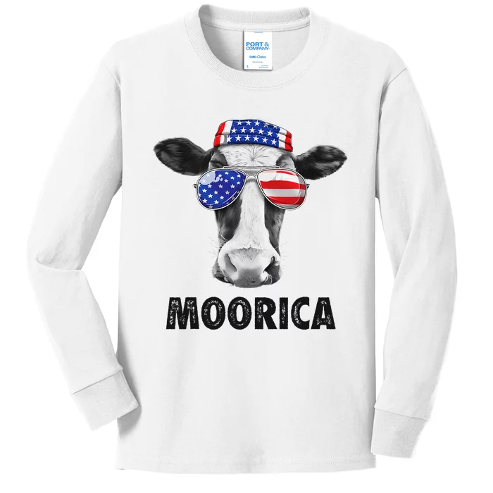 Cow 4th of July Moorica Merica  USA Flag Farm Kids Long Sleeve Shirt