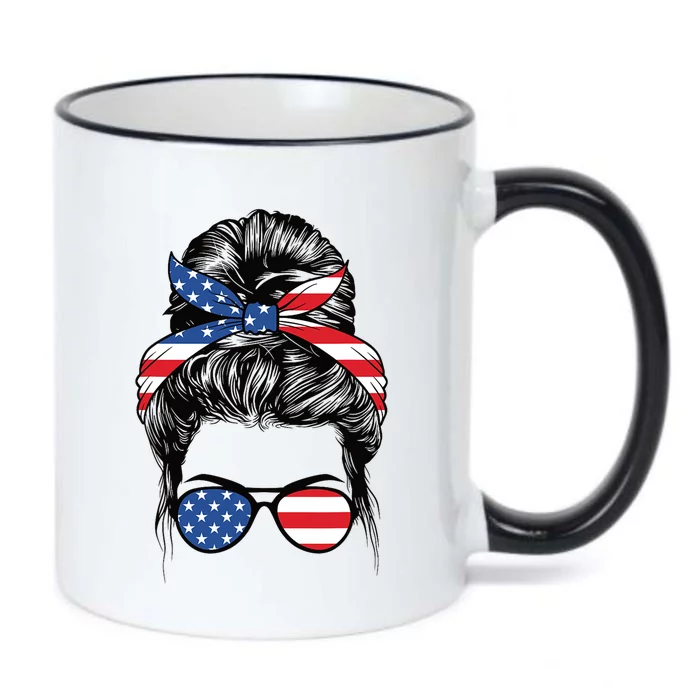 Cute 4th Of July Messy Bun Woman American Flag Patriotic USA Black Color Changing Mug