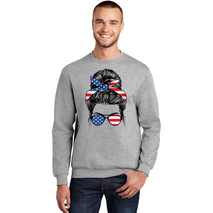 Cute 4th Of July Messy Bun Woman American Flag Patriotic USA Tall Sweatshirt