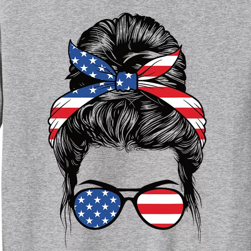 Cute 4th Of July Messy Bun Woman American Flag Patriotic USA Tall Sweatshirt