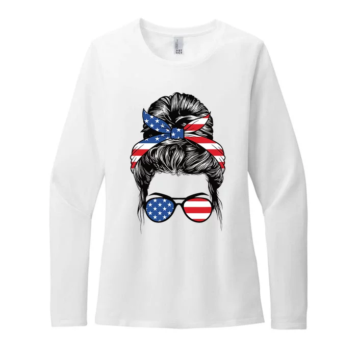 Cute 4th Of July Messy Bun Woman American Flag Patriotic USA Womens CVC Long Sleeve Shirt