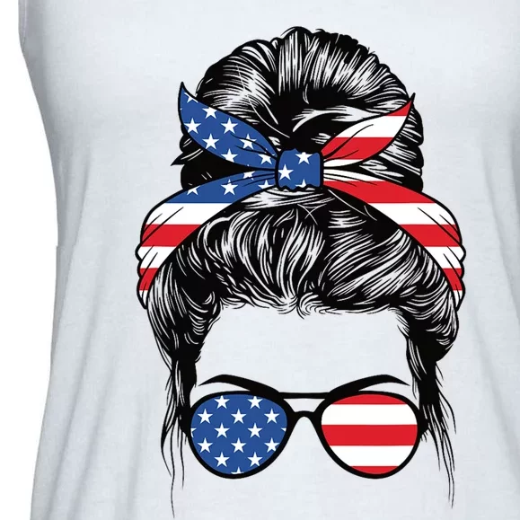 Cute 4th Of July Messy Bun Woman American Flag Patriotic USA Ladies Essential Flowy Tank