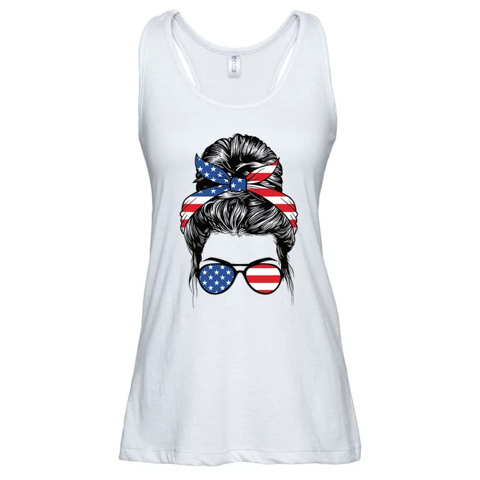 Cute 4th Of July Messy Bun Woman American Flag Patriotic USA Ladies Essential Flowy Tank