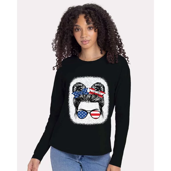 Cute 4th Of July Messy Bun American Flag Patriotic USA Womens Cotton Relaxed Long Sleeve T-Shirt