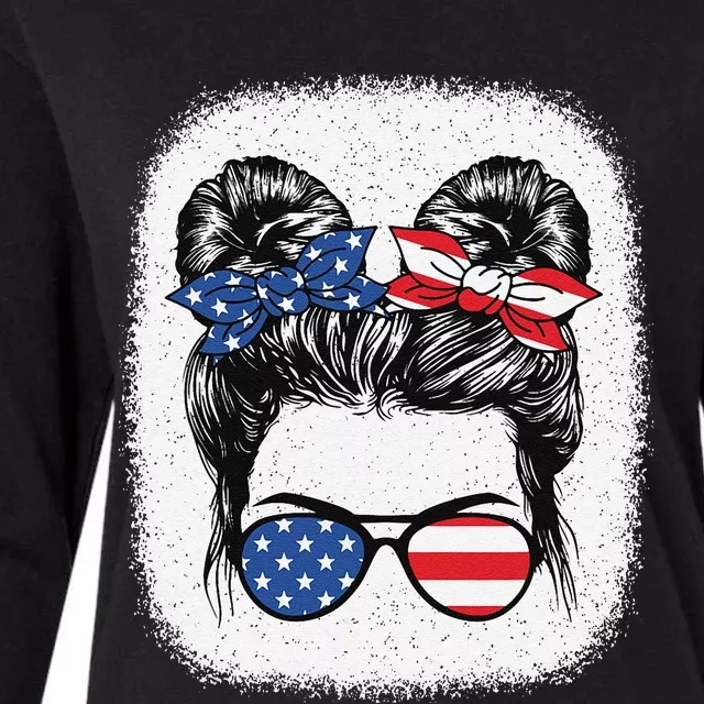 Cute 4th Of July Messy Bun American Flag Patriotic USA Womens Cotton Relaxed Long Sleeve T-Shirt