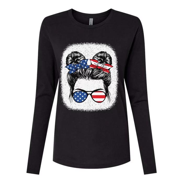 Cute 4th Of July Messy Bun American Flag Patriotic USA Womens Cotton Relaxed Long Sleeve T-Shirt