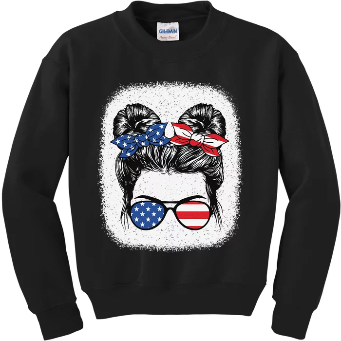 Cute 4th Of July Messy Bun American Flag Patriotic USA Kids Sweatshirt