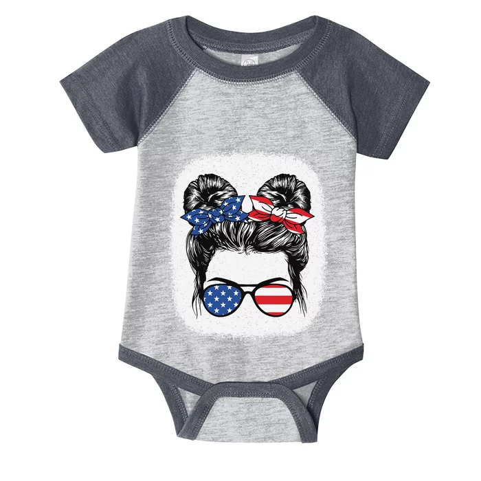 Cute 4th Of July Messy Bun American Flag Patriotic USA Infant Baby Jersey Bodysuit