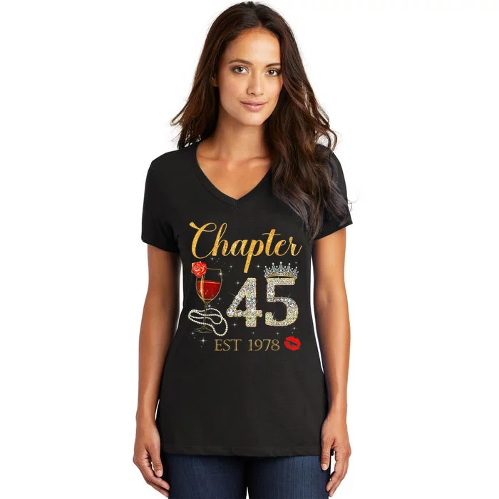 Chapter 45 Years EST 1978 45th Birthday Red Rose Wine Crown Women's V-Neck T-Shirt