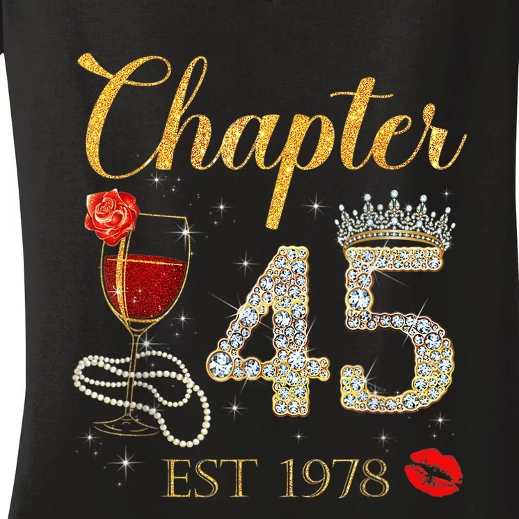 Chapter 45 Years EST 1978 45th Birthday Red Rose Wine Crown Women's V-Neck T-Shirt