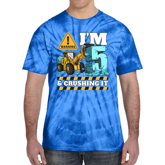 Construction 5th Birthday Boy Funny Gift 5 Bulldozer Digger Truck Funny Gift Tie-Dye T-Shirt