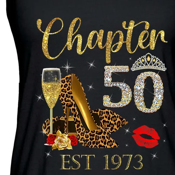 Chapter 50 Years EST 1973 50th Birthday Wine Leopard Shoe Ladies Essential Flowy Tank