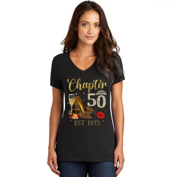 Chapter 50 Years EST 1973 50th Birthday Wine Leopard Shoe Women's V-Neck T-Shirt