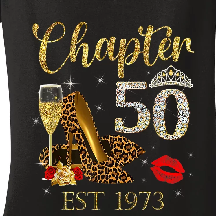 Chapter 50 Years EST 1973 50th Birthday Wine Leopard Shoe Women's V-Neck T-Shirt