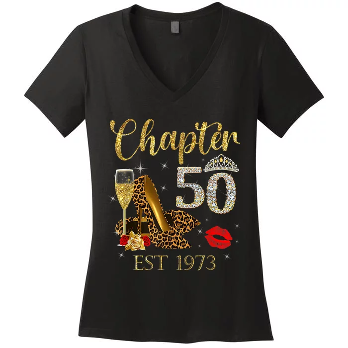 Chapter 50 Years EST 1973 50th Birthday Wine Leopard Shoe Women's V-Neck T-Shirt