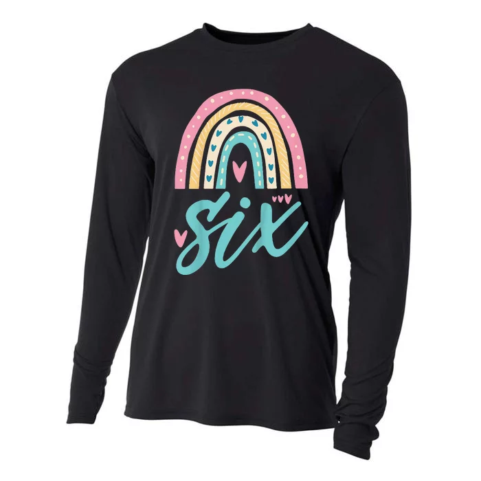 Cute 6th Birthday 6 Six Hearts Rainbow 6 Years Old Bday Cooling Performance Long Sleeve Crew