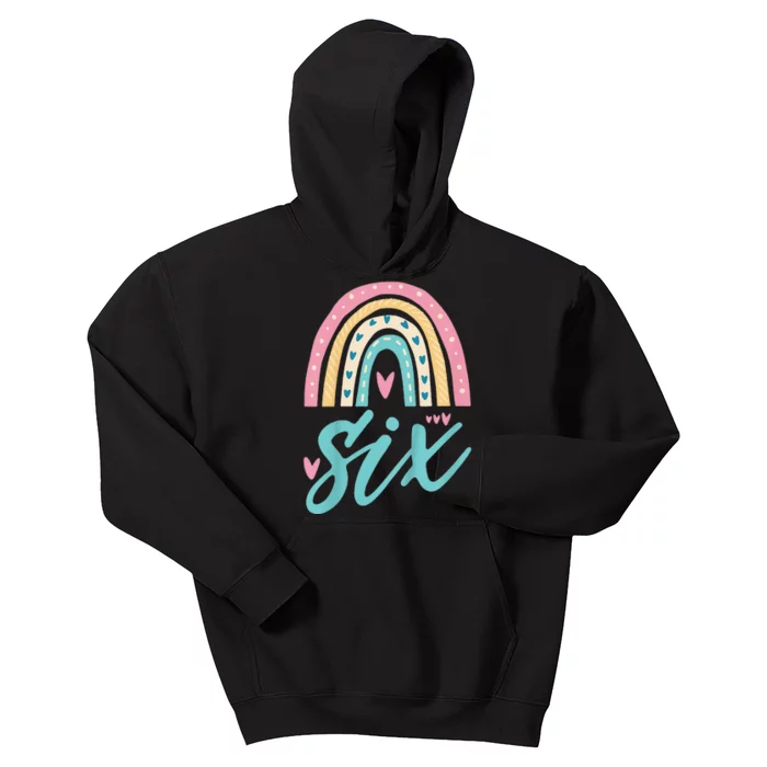 Cute 6th Birthday 6 Six Hearts Rainbow 6 Years Old Bday Kids Hoodie