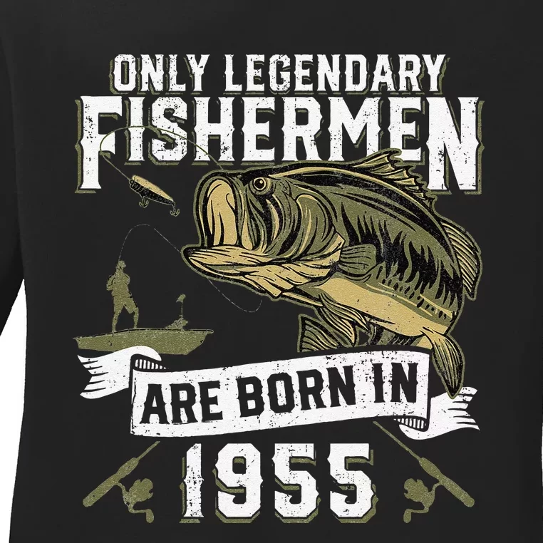 Cute 67 Year Old Fishing Birthday Born 1955 67th Fisherman Gift Ladies Long Sleeve Shirt