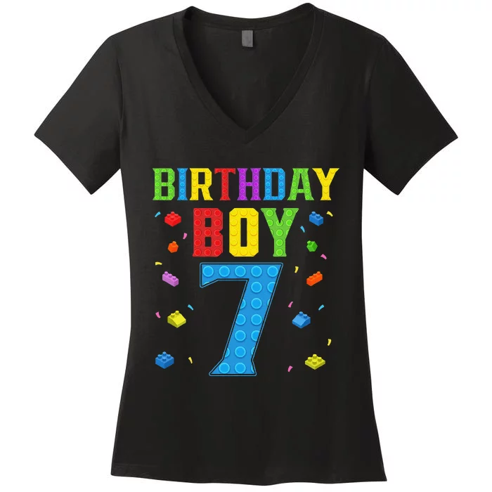 Cute 7th Birthday Gift 7 Years Old Block Buildingss Women's V-Neck T-Shirt