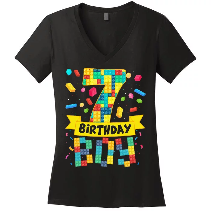 Cute 7th Birthday Gift 7 Years Old Block Building S Women's V-Neck T-Shirt