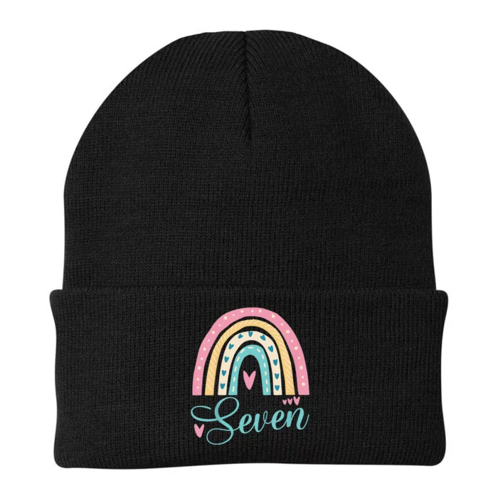 Cute 7th Birthday 7 Seven Hearts Rainbow 7 Years Old Bday Knit Cap Winter Beanie