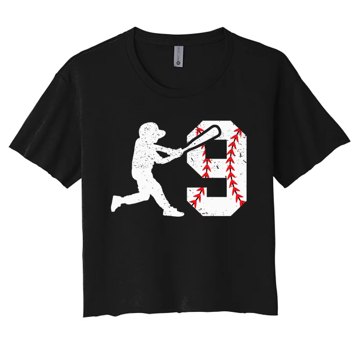 cutes 9th Birthday Baseball Big Number Nine 9 Year Old Women's Crop Top Tee