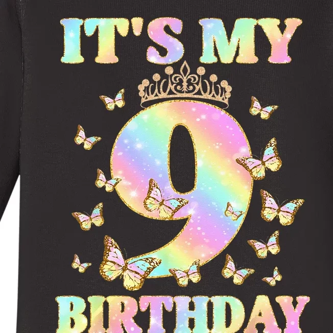 Cute 9 Years Old Funny Butterfly It's My 9th Birthday Baby Long Sleeve Bodysuit