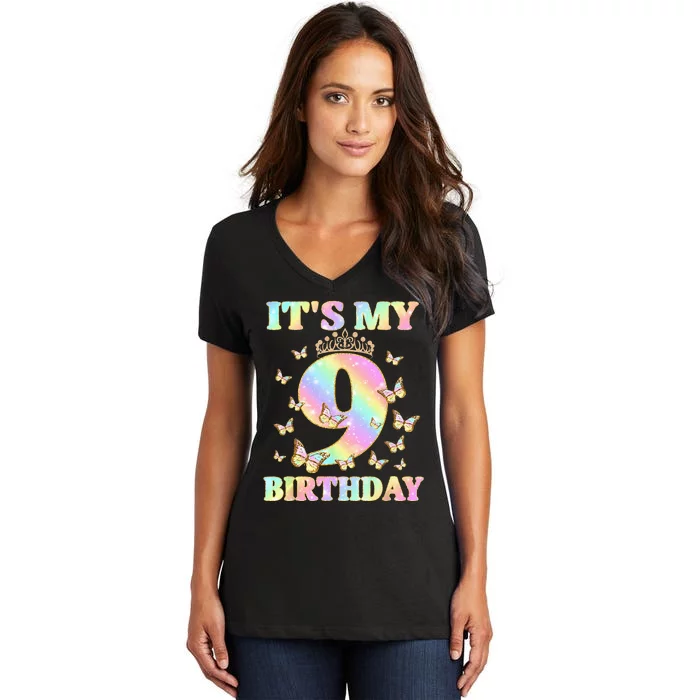 Cute 9 Years Old Funny Butterfly It's My 9th Birthday Women's V-Neck T-Shirt