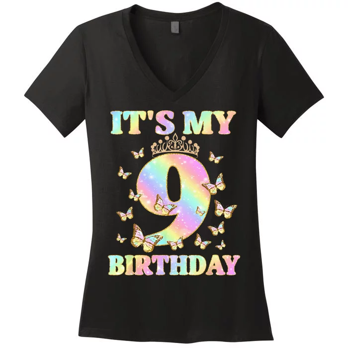 Cute 9 Years Old Funny Butterfly It's My 9th Birthday Women's V-Neck T-Shirt