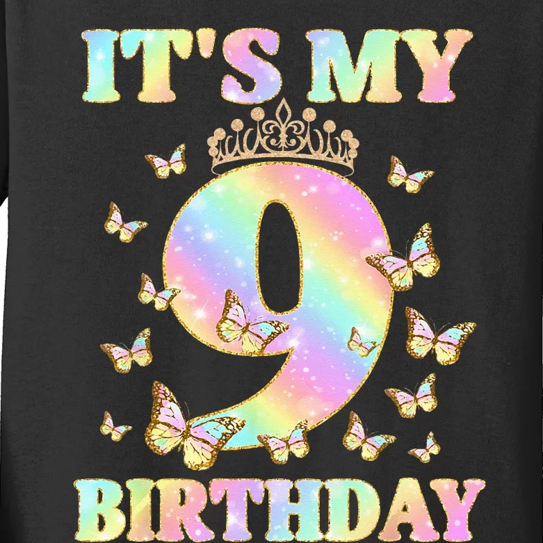 Cute 9 Years Old Funny Butterfly It's My 9th Birthday Kids Long Sleeve Shirt