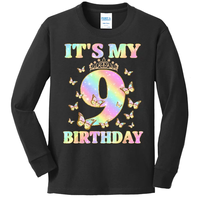 Cute 9 Years Old Funny Butterfly It's My 9th Birthday Kids Long Sleeve Shirt