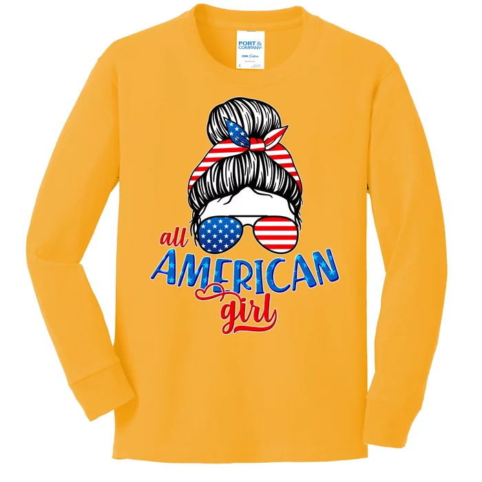 Cute All American Girl USA Flag Kids Long Sleeve Shirt