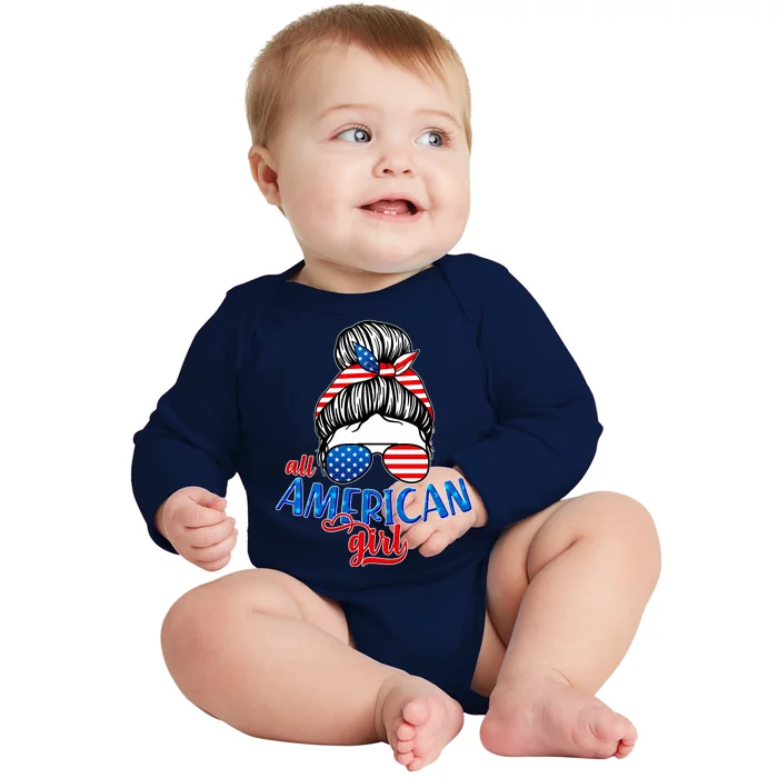 Cute All American Girl USA Flag Baby Long Sleeve Bodysuit