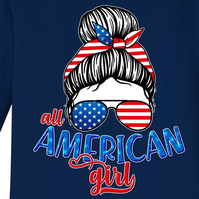 Cute All American Girl USA Flag Baby Long Sleeve Bodysuit