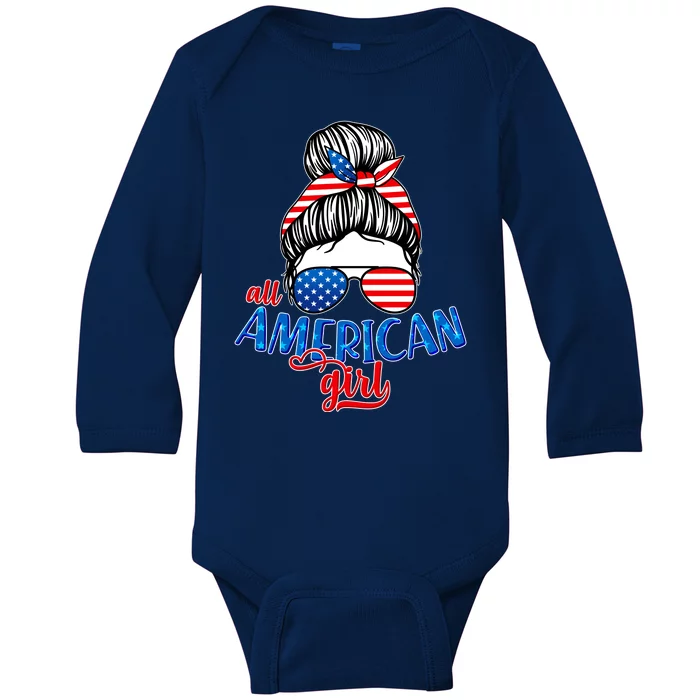 Cute All American Girl USA Flag Baby Long Sleeve Bodysuit