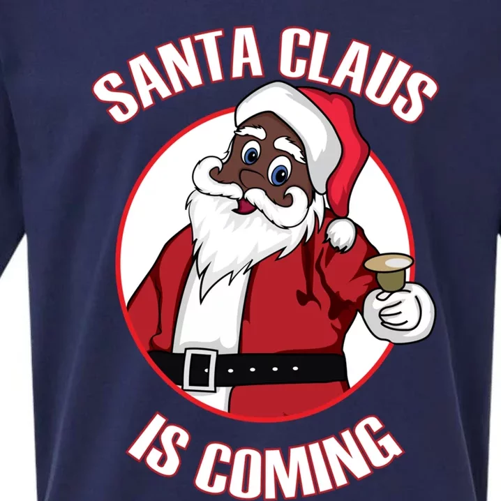 Christmas African American Santa Claus Is Coming Funny Gift Sueded Cloud Jersey T-Shirt