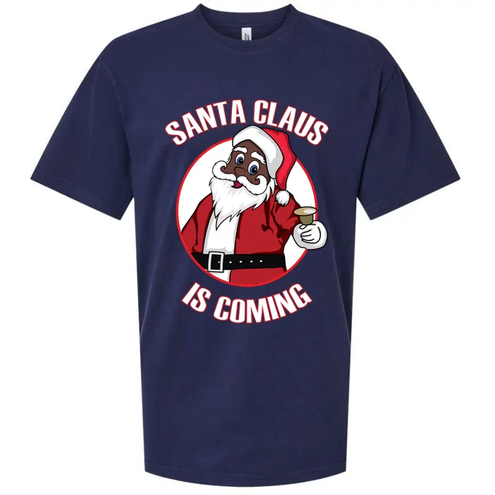 Christmas African American Santa Claus Is Coming Funny Gift Sueded Cloud Jersey T-Shirt