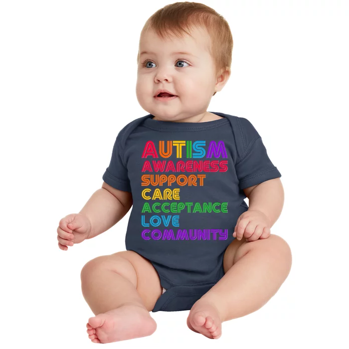 Colorful Autism Awareness Support Care Acceptance Love Community Baby Bodysuit