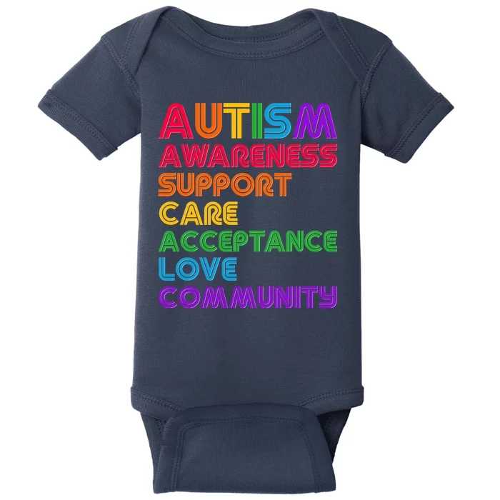 Colorful Autism Awareness Support Care Acceptance Love Community Baby Bodysuit