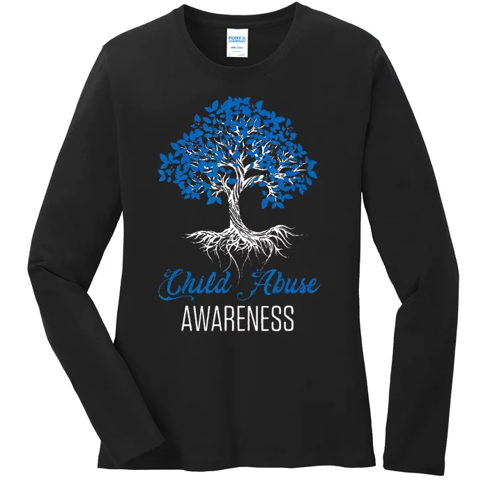 Child Abuse Awareness Tree Blue Ribbon April Child Welfare Ladies Long Sleeve Shirt