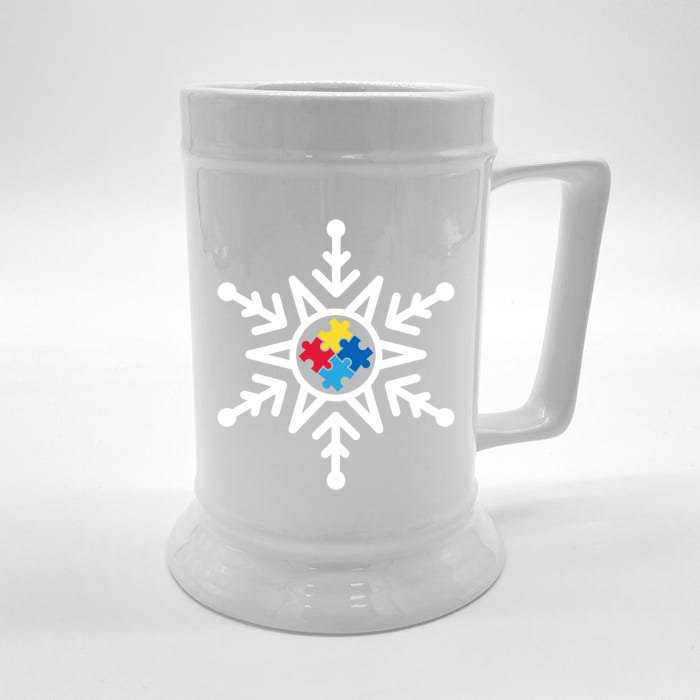 Christmas Autism Awareness Meaningful Gift Mom Puzzle Piece Snowflake Gift Front & Back Beer Stein