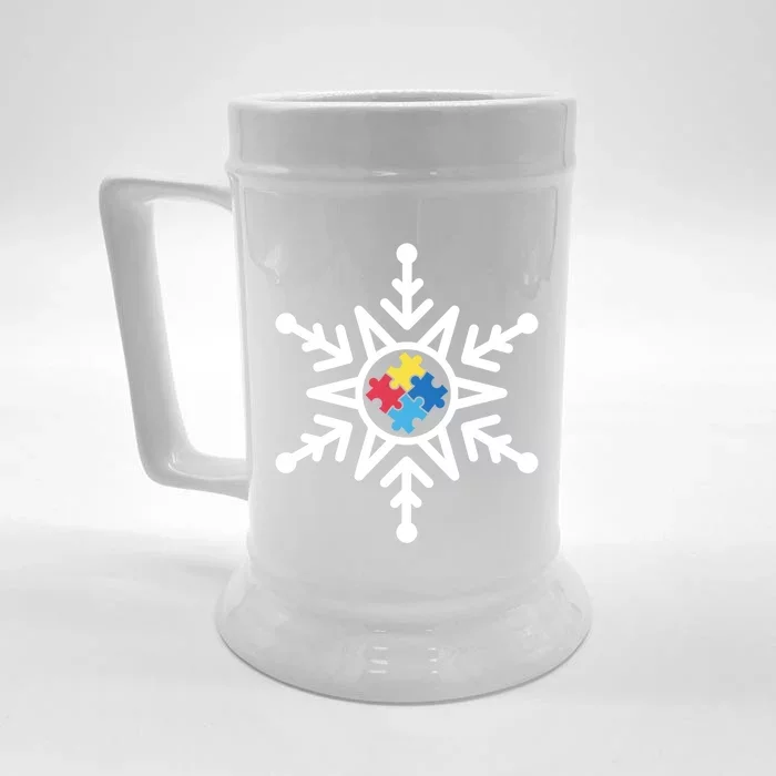 Christmas Autism Awareness Meaningful Gift Mom Puzzle Piece Snowflake Gift Front & Back Beer Stein