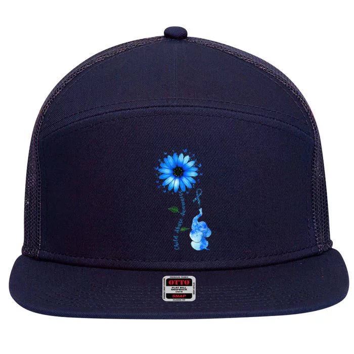 Child Abuse Awareness Sunflower Light Blue Ribbon Elephant 7 Panel Mesh Trucker Snapback Hat