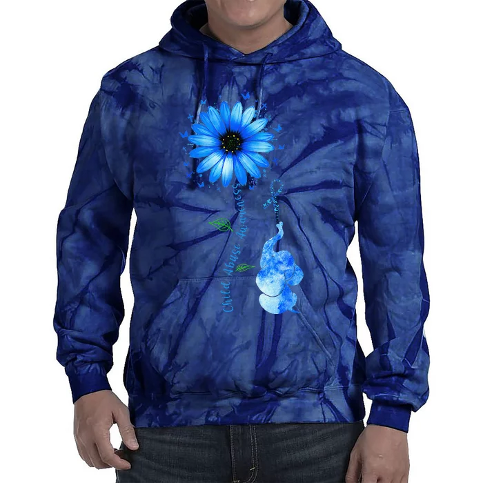 Child Abuse Awareness Sunflower Light Blue Ribbon Elephant Tie Dye Hoodie