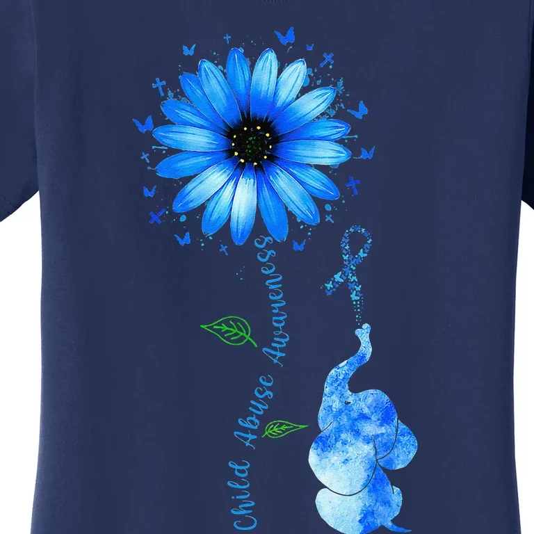 Child Abuse Awareness Sunflower Light Blue Ribbon Elephant Women's T-Shirt