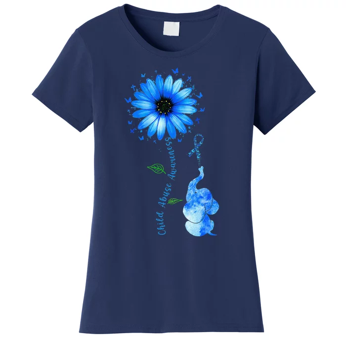 Child Abuse Awareness Sunflower Light Blue Ribbon Elephant Women's T-Shirt